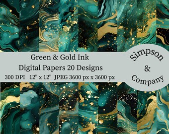 20 Green & Gold Ink Digital Paper, JPEG, 12" x 12", Scrapbook Paper, Junk Journal, Paper Pack, Commercial Use