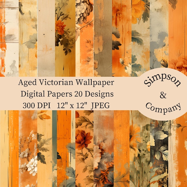 20 Orange Aged Victorian Wallpaper Digital Paper, JPEG, 12" x 12", Scrapbook Paper, Junk Journal, Paper Pack, Commercial Use