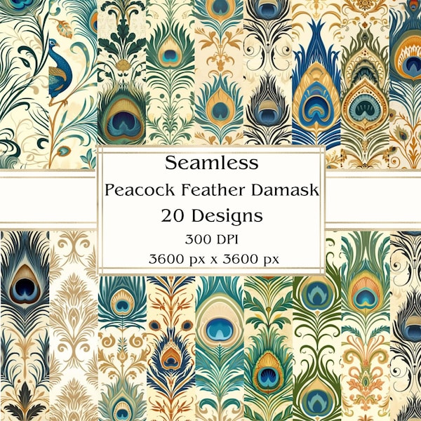 20 Peacock Feather Damask on Beige Seamless Digital Paper, JPEG, 12" x 12", Scrapbook Paper, Junk Journal, Paper Pack, Commercial Use
