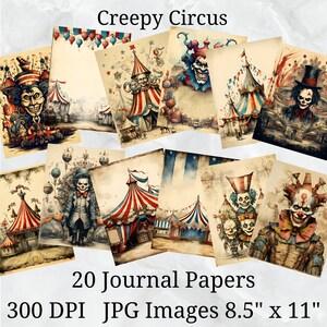 20 Creepy Circus Journal Paper, Digital Paper JPEG, 8.5" x 11", Scrapbook Paper, Junk Journal, Paper Pack, Commercial Use
