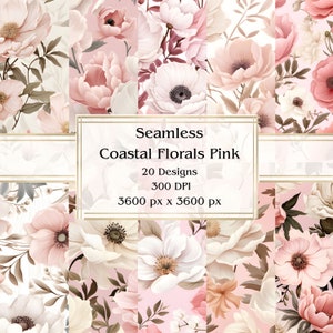 20 fleurs côtières roses sans couture papier numérique, JPEG, 12 x 12 po, papier de scrapbooking, journal indésirable, paquet de papier, usage commercial