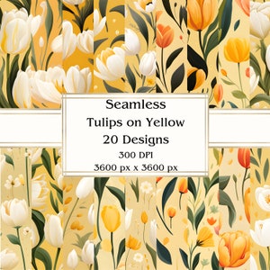 20 Tulips on Yellow Seamless Digital Paper, JPEG, 12&quot; x 12&quot;, Scrapbook Paper, Junk Journal, Paper Pack, Commercial Use