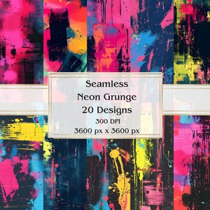 20 Neon Grunge Seamless Digital Paper, JPEG, 12&quot; x 12&quot;, Scrapbook Paper, Junk Journal, Paper Pack, Commercial Use