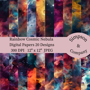 20 Rainbow Cosmic Nebula Digital Paper, JPEG, 12&quot; x 12&quot;, Scrapbook Paper, Junk Journal, Paper Pack, Commercial Use