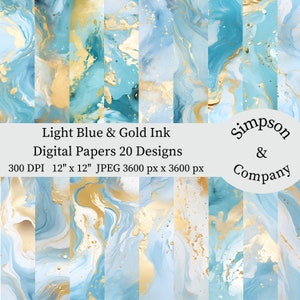 20 papel digital com tinta azul claro e dourado, JPEG, 12" x 12", papel para scrapbook, lixo eletrônico, pacote de papel, uso comercial