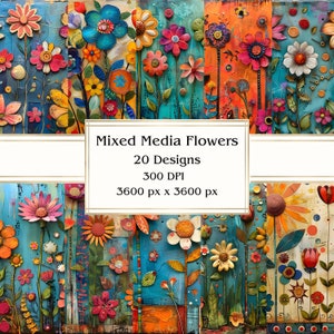 20 Mixed Media Blumen Digitales Papier, JPEG, 12 "x 12", Scrapbookpapier, Junk Journal, Papierpaket, kommerzielle Nutzung