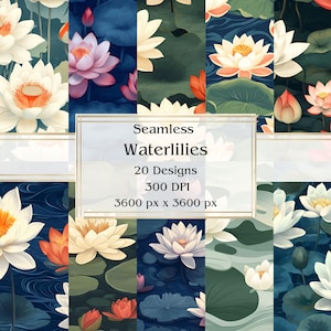 20 Waterlilies Seamless Digital Paper, JPEG, 12&quot; x 12&quot;, Scrapbook Paper, Junk Journal, Paper Pack, Commercial Use