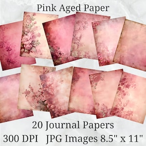 20 Pink Aged Journal Paper, Digital Paper JPEG, 8,5" x 11", Scrapbook Paper, Junk Journal, Paper Pack, Commercieel Gebruik