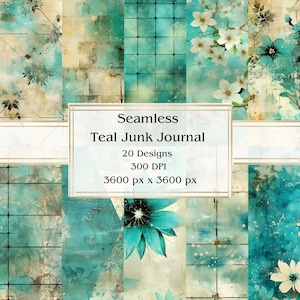 20 Teal Junk Journal Pages Seamless Digital Paper, JPEG, 12&quot; x 12&quot;, Scrapbook Paper, Junk Journal, Paper Pack, Commercial Use
