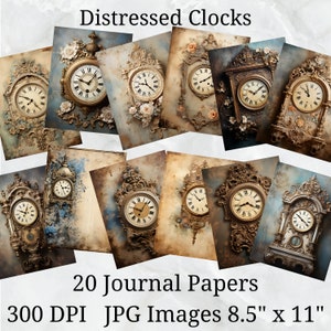 20 relojes de pared desgastados Papel de diario, Papel digital JPEG, 8,5" x 11", Papel de álbum de recortes, Diario basura, Paquete de papel, Uso comercial