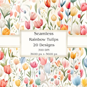20 Rainbow Tulips Seamless Digital Paper, JPEG, 12&quot; x 12&quot;, Scrapbook Paper, Junk Journal, Paper Pack, Commercial Use