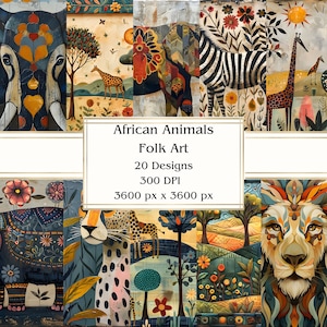 Carta digitale di arte popolare di 20 animali africani, JPEG, 12" x 12", carta per album, diario spazzatura, pacchetto di carta, uso commerciale