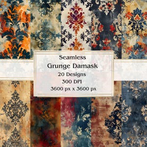 20 Grunge Damask Seamless Digital Paper, JPEG, 12&quot; x 12&quot;, Scrapbook Paper, Junk Journal, Paper Pack, Commercial Use
