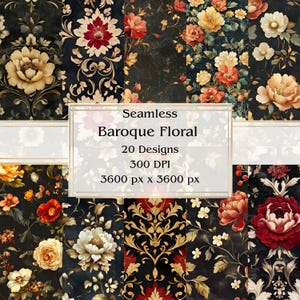 20 papeles digitales sin costuras con motivos florales barrocos, JPEG, 12" x 12", papel para álbumes de recortes, papel para diario basura, paquete de papel, uso comercial