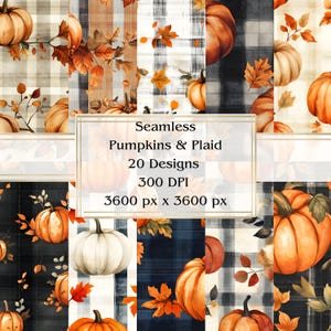 20 Pumpkins & Plaid Seamless Digital Paper, JPEG, 12&quot; x 12&quot;, Scrapbook Paper, Junk Journal, Paper Pack, Commercial Use