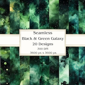 20 schwarz-grüne Galaxy-nahtlose digitale Papier, JPEG, 12 "x 12", Scrapbook-Papier, Junk-Journal, Papierpaket, kommerzielle Nutzung