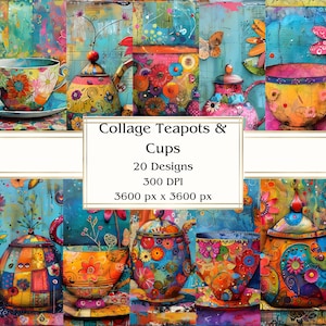 20 Collage Teekannen & Tassen Digitales Papier, JPEG, 12" x 12", Scrapbook-Papier, Junk Journal, Papierpaket, kommerzielle Nutzung