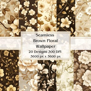 20 braune florale Tapete Nahtloses Digitalpapier, JPEG, 12 "x 12", Scrapbookpapier, Junk Journal, Papiersatz, kommerzielle Nutzung