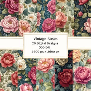20 Vintage Roses Digital Papers, JPEG, 12&quot; x 12&quot;, Scrapbook Paper, Junk Journal, Paper Pack