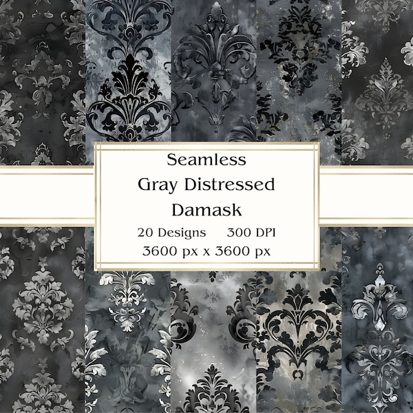 20 Gray Distressed Damask Seamless Digital Paper, JPEG, 12" x 12", Scrapbook Paper, Junk Journal, Paper Pack, Commercial Use