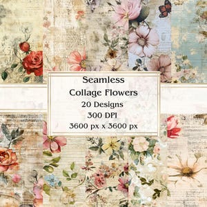 Papel digital sin costuras con 20 flores de collage, JPEG, 12" x 12", papel para álbumes de recortes, papel para diario basura, paquete de papel, uso comercial