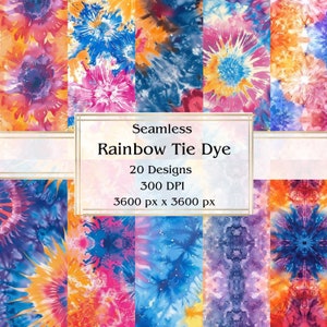 20 Rainbow Tie Dye Seamless Digital Paper, JPEG, 12&quot; x 12&quot;, Scrapbook Paper, Junk Journal, Paper Pack, Commercial Use