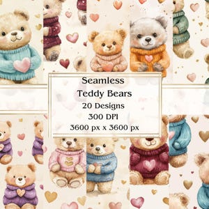 20 Teddy Bears Seamless Digital Paper, JPEG, 12" x 12", Papel para Scrapbook, Junk Journal, Pacote de Papel, Uso Comercial