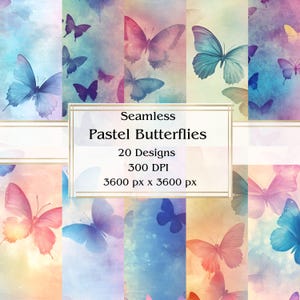 20 Pastell Schmetterlinge Nahtloses Digitalpapier, JPEG, 12 "x 12", Scrapbookpapier, Junk Journal, Papiersatz, Kommerzielle Nutzung