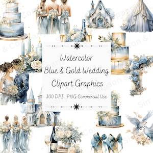 35 PNG Aquarell Blau & Gold Hochzeit Clipart, Hochzeit Grafiken, sofortiger Download, kommerzielle Nutzung