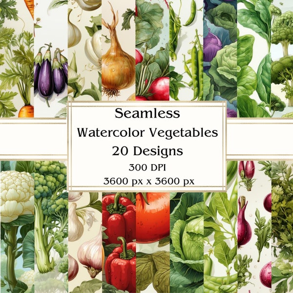 20 Watercolor Vegetables Seamless Digital Paper, JPEG, 12" x 12", Scrapbook Paper, Junk Journal, Paper Pack, Commercial Use