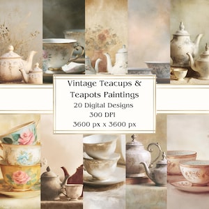 20 Dipinti di tazze da tè e teiere vintage, Carta digitale, JPEG, 12" x 12", Carta per scrapbooking, Diario spazzatura, Confezione di carta, Uso commerciale