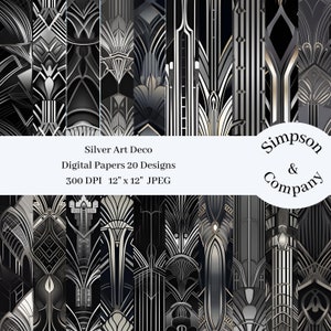 20 シルバー アールデコ デジタル ペーパー、JPEG、12" x 12"、スクラップブック用紙、ジャンク ジャーナル、ペーパー パック、商用利用