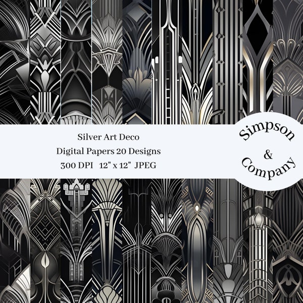 20 Silver Art Deco Digital Paper, JPEG, 12" x 12", Scrapbook Paper, Junk Journal, Paper Pack, Commercial Use