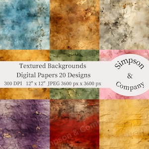 20 Textured Backgrounds Digital Paper, Digital Paper Pack, JPEG, 12&quot; x 12&quot;, Scrapbook Paper, Junk Journal, Paper Pack, Commercial Use