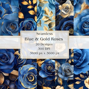 Papel digital sin costuras con 20 rosas azules y doradas, JPEG, 12" x 12", papel para álbumes de recortes, Junk Journal, paquete de papel, uso comercial