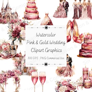 35 PNG acuarela rosa y oro boda clipart, gráficos de boda, descarga instantánea, uso comercial