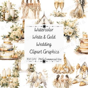 35 PNG Watercolor White & Gold Wedding Clipart, Wedding Graphics, Instant Download, Commercial Use