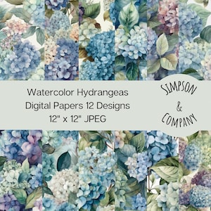 12 papéis digitais de hortênsias em aquarela, JPEG, 12" x 12", papel para álbum de recortes, lixo eletrônico, pacote de papel