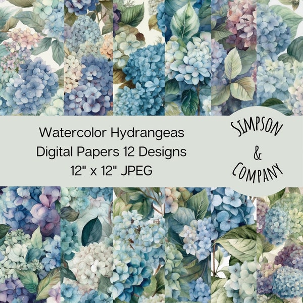 12 Watercolor Hydrangeas Digital Papers, JPEG, 12" x 12", Scrapbook Paper, Junk Journal, Paper Pack