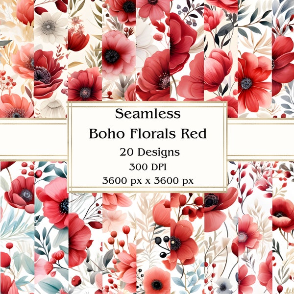 20 Boho Florals Red Seamless Digital Paper, JPEG, 12" x 12", Scrapbook Paper, Junk Journal, Paper Pack, Commercial Use