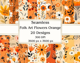 20 Folk Art Flowers Orange Seamless Digital Paper, JPEG, 12" x 12", Scrapbook Paper, Junk Journal, Paper Pack, Commercial Use
