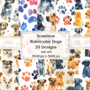 20 Perros de acuarela Papel digital sin costuras, JPEG, 12" x 12", Papel de álbum de recortes, Diario basura, Paquete de papel, Uso comercial