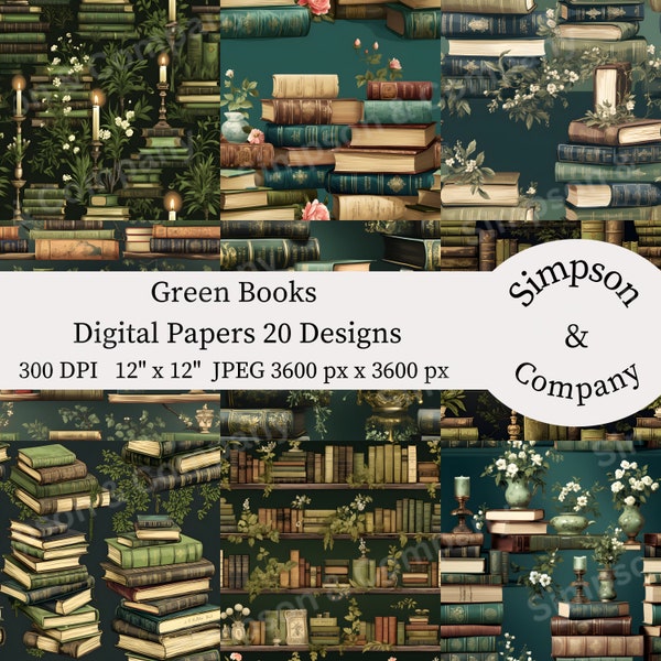 20 Green Books Digital Paper, Digital Paper Pack, JPEG, 12" x 12", Scrapbook Paper, Junk Journal, Paper Pack, Commercial Use