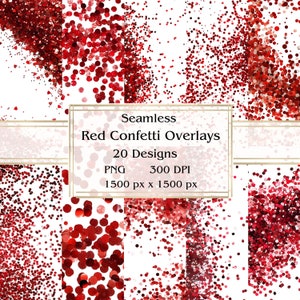 20 PNG Red Confetti Overlay Clipart sem costura, glitter gráficos, download instantâneo, uso comercial