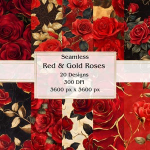 Papel digital sin costuras con 20 rosas rojas y doradas, JPEG, 12" x 12", papel para álbumes de recortes, Junk Journal, paquete de papel, uso comercial