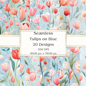20 Tulips on Blue Seamless Digital Paper, JPEG, 12&quot; x 12&quot;, Scrapbook Paper, Junk Journal, Paper Pack, Commercial Use