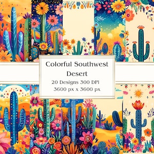 20 papeles digitales con motivos de arte popular del desierto del suroeste, JPEG, 12" x 12", papel para álbumes de recortes, Junk Journal, paquete de papel, uso comercial