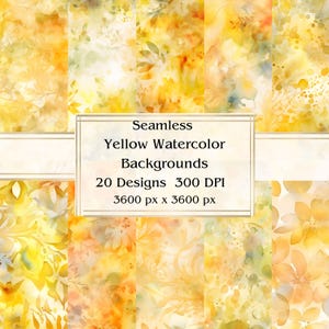 20 Yellow Watercolor Backgrounds Seamless Digital Paper, JPEG, 12&quot; x 12&quot;, Scrapbook Paper, Junk Journal, Paper Pack, Commercial Use