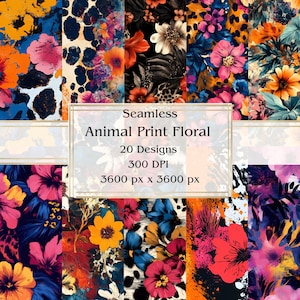 20 Tierdruck Floral nahtloses digitales Papier, JPEG, 12 "x 12", Scrapbook-Papier, Junk-Journal, Papiersatz, kommerzielle Nutzung
