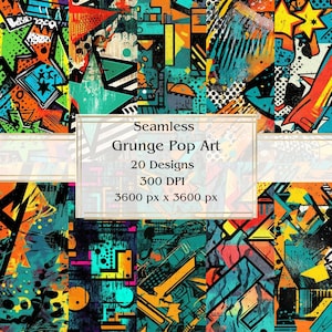 20 グランジ ポップ アート シームレス デジタル ペーパー、JPEG、12" x 12"、スクラップブック用紙、ジャンク ジャーナル、ペーパー パック、商用利用